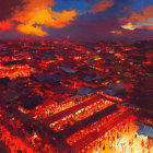 Vibrant red and orange hues illuminate ancient city at dusk