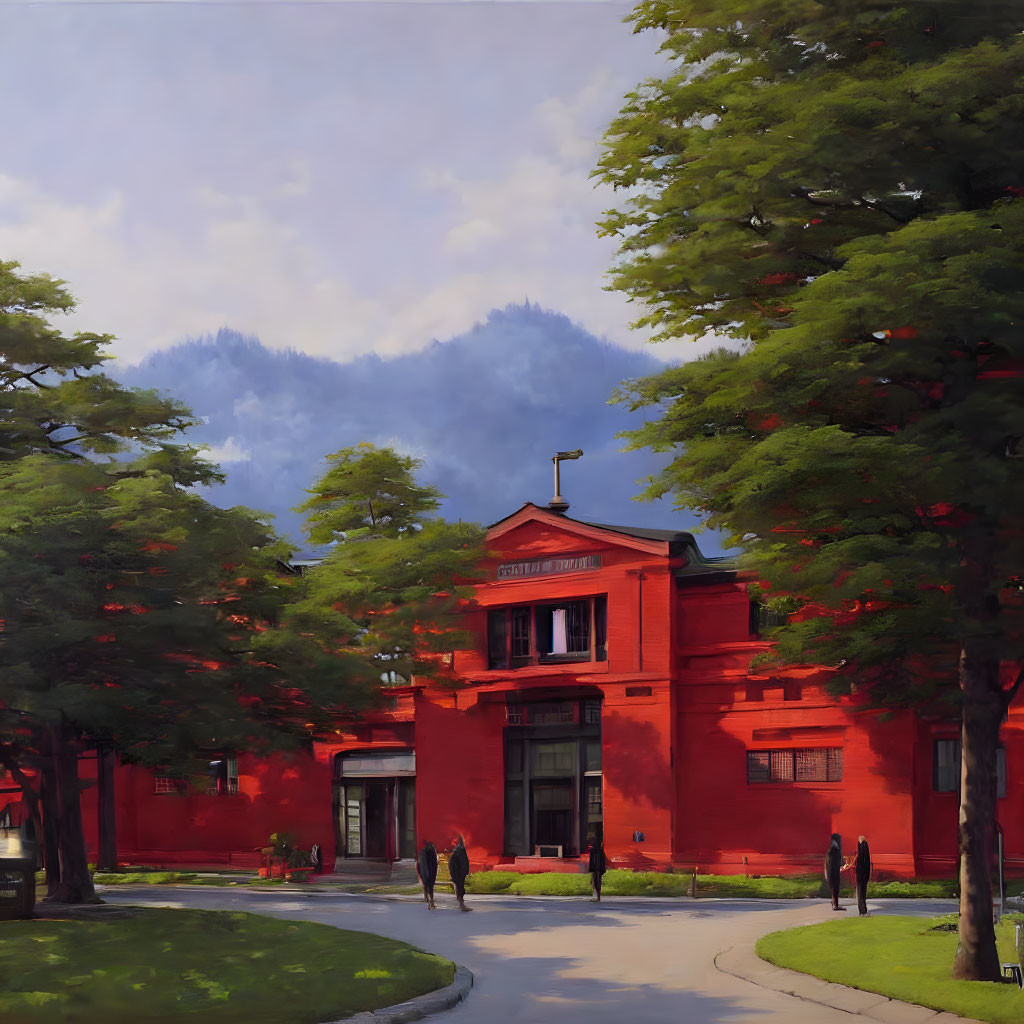 Classical red building with green trees, people walking, misty mountains