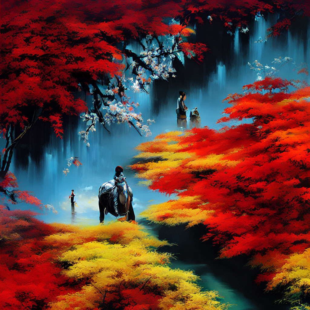 Colorful artwork of people in mystical forest with red foliage and water bodies