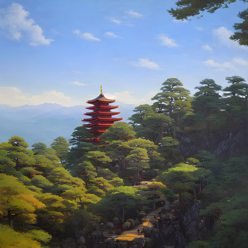 Tranquil Red Pagoda Landscape with Green Trees and Mountains