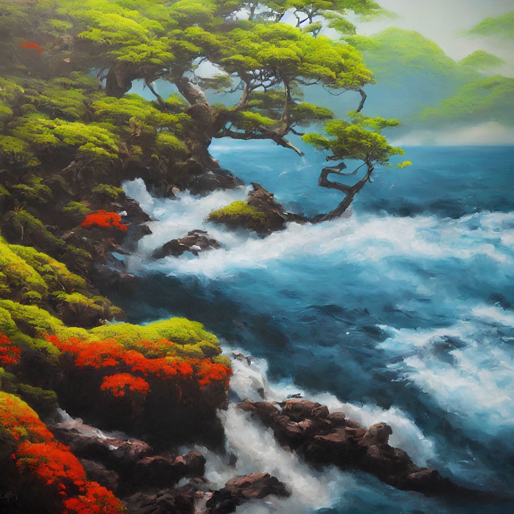 Colorful coastal landscape with turbulent waves, red flora, and lush green trees.