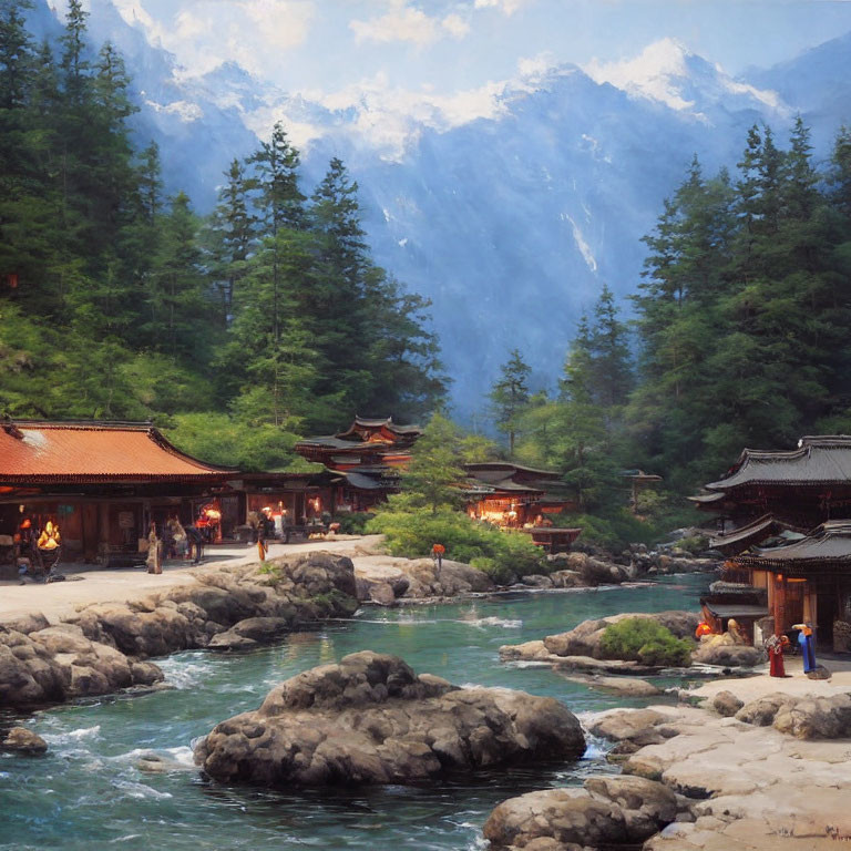 Traditional mountain village with lantern-lit architecture by tranquil river and misty forested mountains