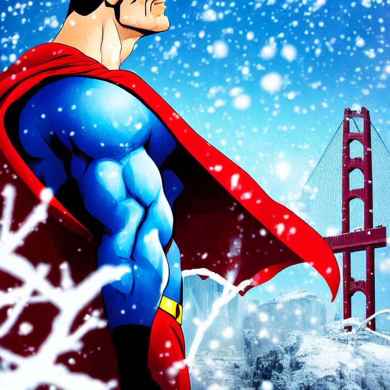 Superhero in Blue and Red Suit on Snowy Landscape with Red Suspension Bridge