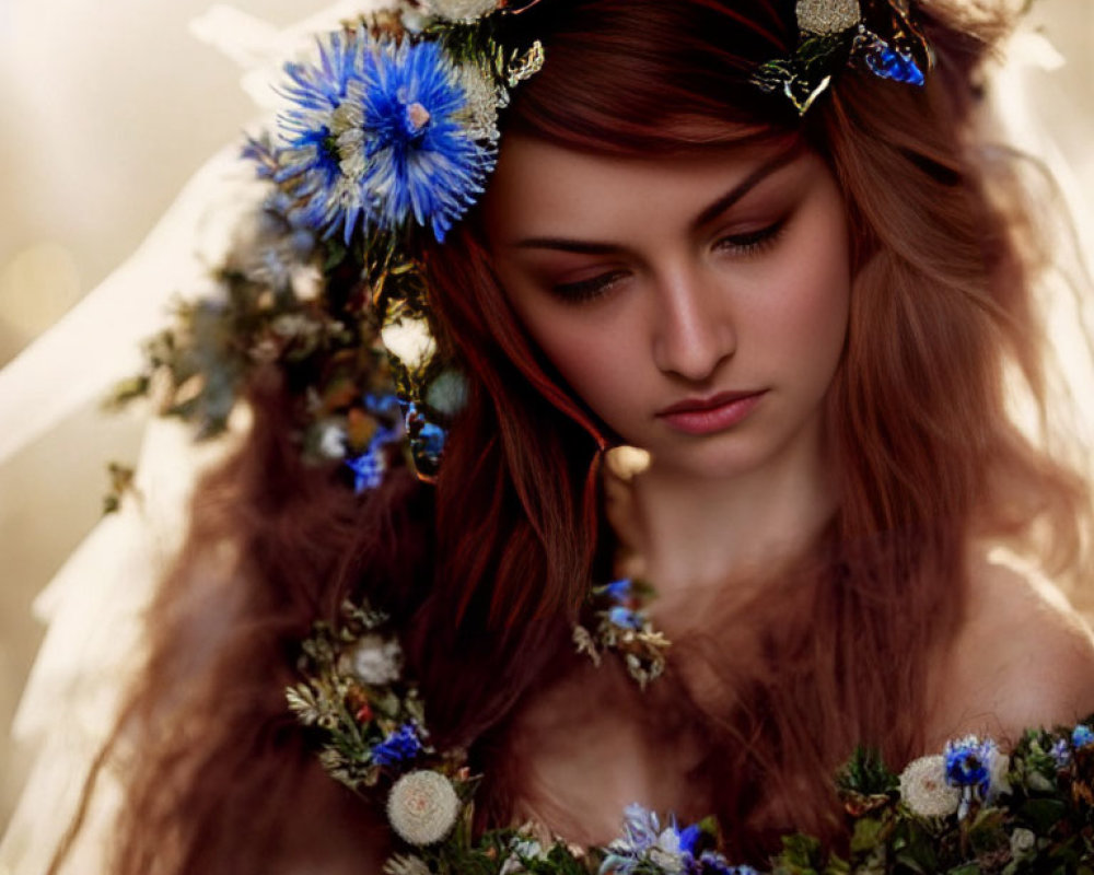 Auburn-Haired Woman with Blue Floral Crown in Serene Pose