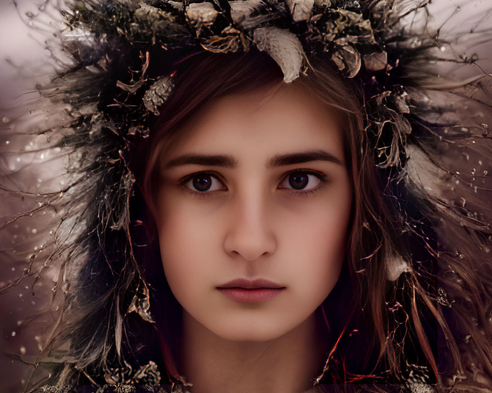Serene young girl with decorative wreath in soft lighting