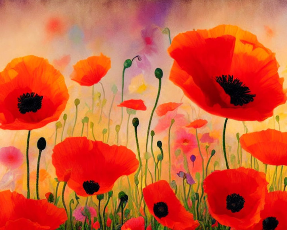 Colorful field of red poppies and yellow flowers on dreamy backdrop
