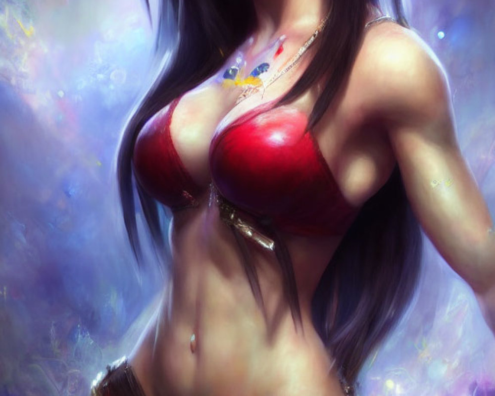 Illustrated female character with long black hair and red top on vibrant ethereal background