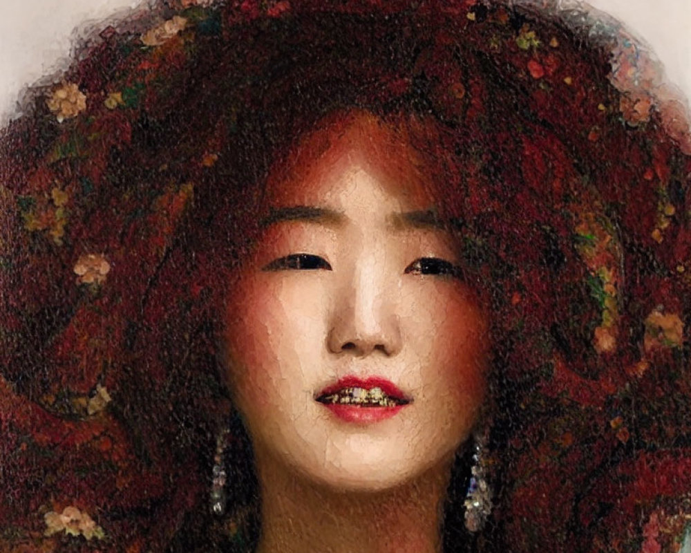 Portrait of person with voluminous curly red hair and floral adornments.