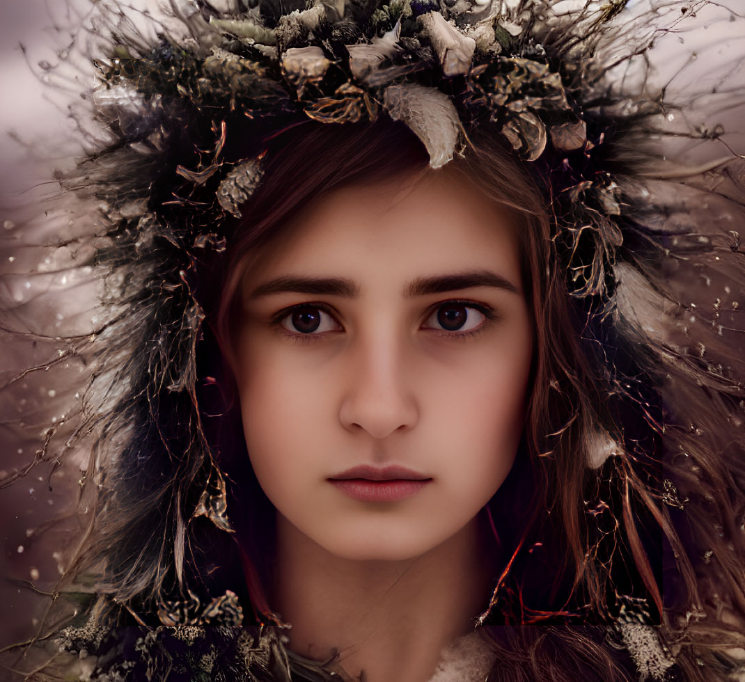 Serene young girl with decorative wreath in soft lighting