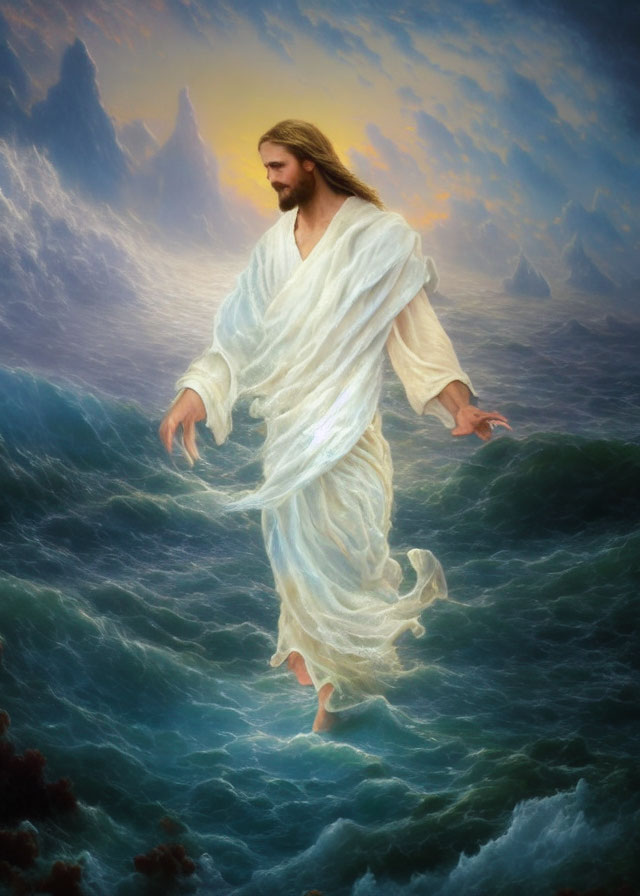 Religious figure walking on turbulent ocean under dramatic sky