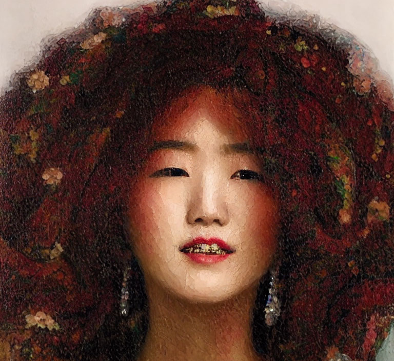 Portrait of person with voluminous curly red hair and floral adornments.