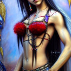 Illustrated female character with long black hair and red top on vibrant ethereal background