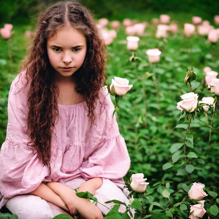 Young girl in pink dress amidst rose bushes with thoughtful expression.