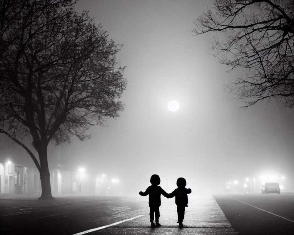 Silhouetted children holding hands in foggy street at night
