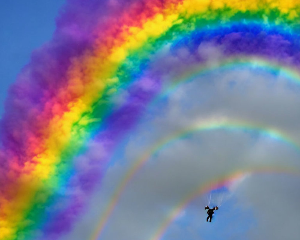 Skydiver silhouette against vibrant rainbow background