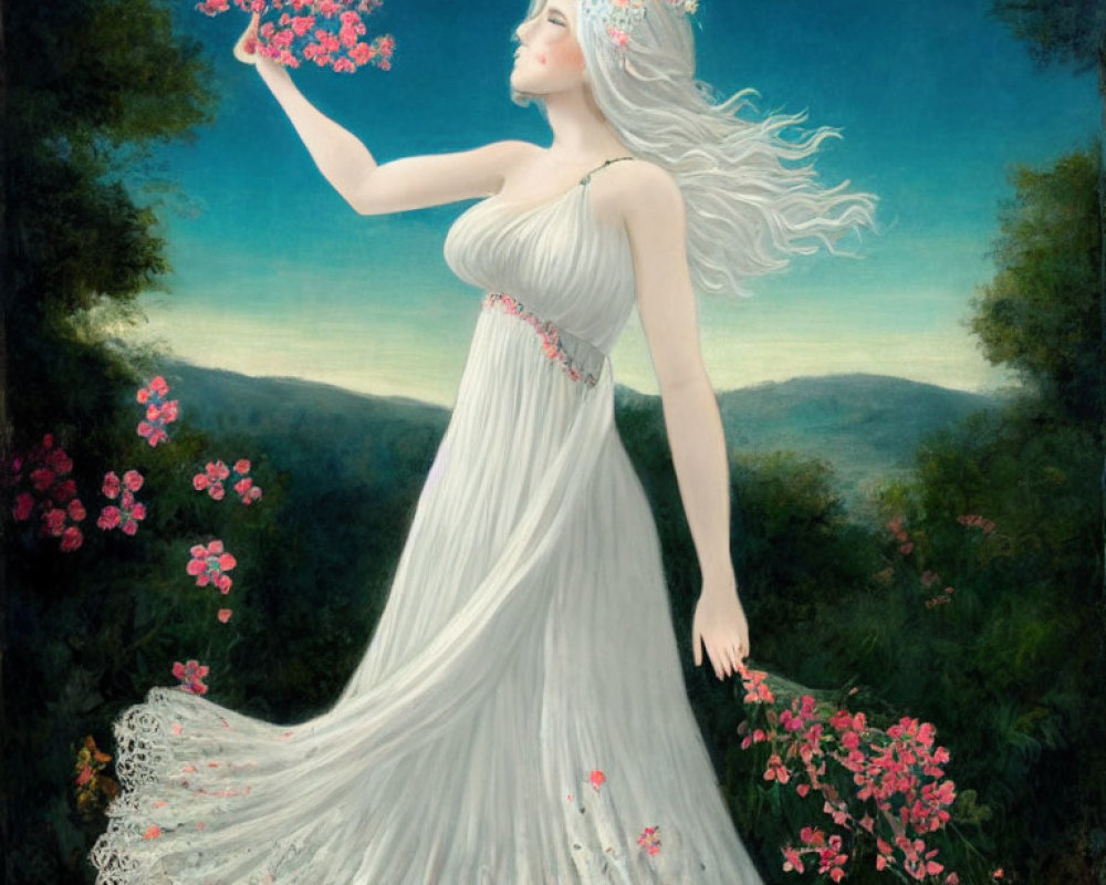 Woman in white dress with floral crown holding pink flowers in twilight landscape
