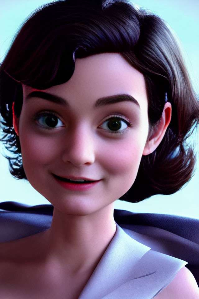 Short-haired female character: 3D animation with green eyes and grey top