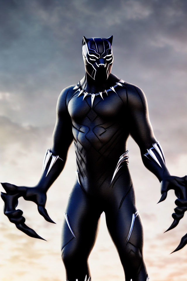 Black Panther superhero costume with clawed gloves against cloudy sky.