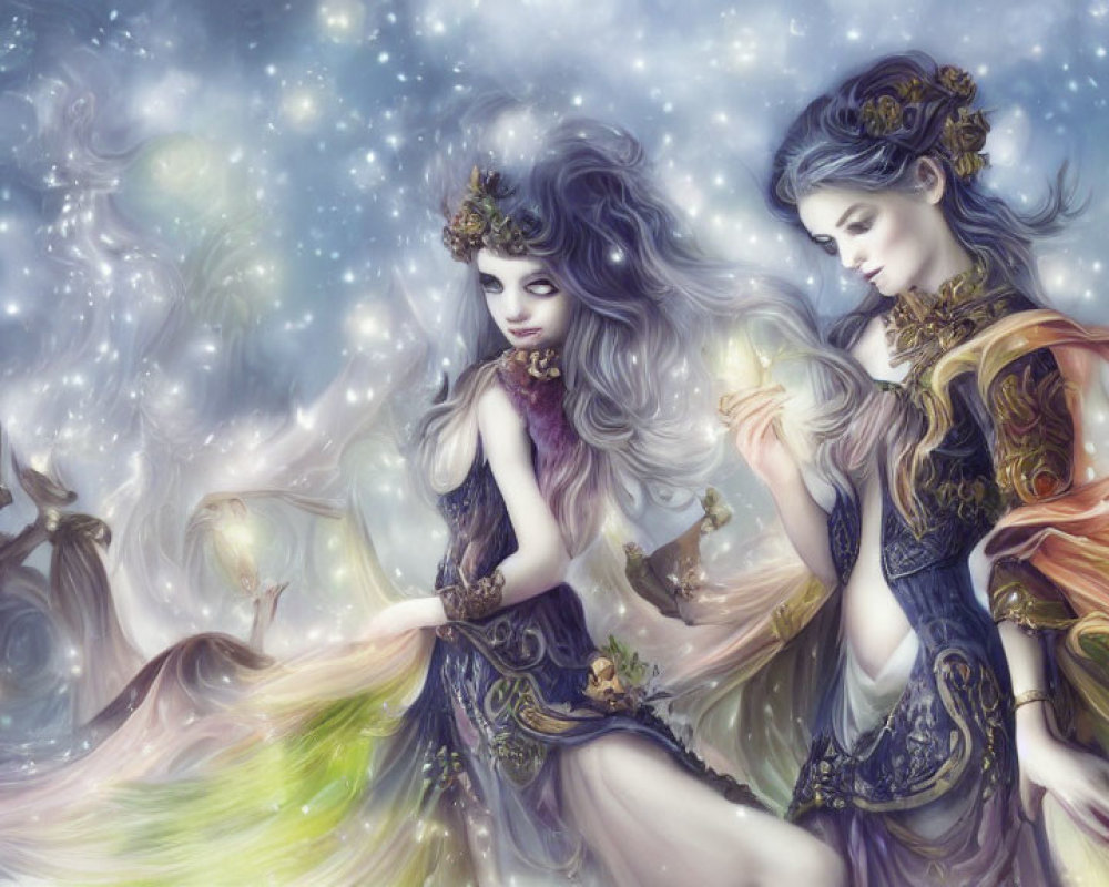 Ethereal women in elaborate dresses and crowns in magical, starry setting