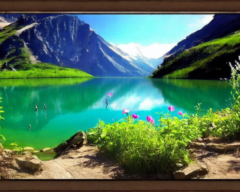 Mountain lake with clear green water, rugged peaks, greenery, pink flowers, and distant swimmers