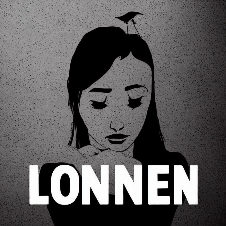 Melancholic woman with bird on head and "LONNEN" word.