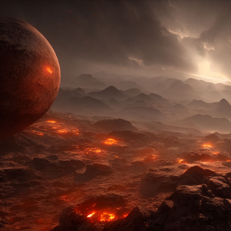 Alien volcanic landscape with molten lava flows and hazy sky.