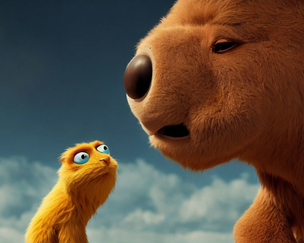 Small Yellow Creature Gazing at Giant Brown Bear in Blue Sky