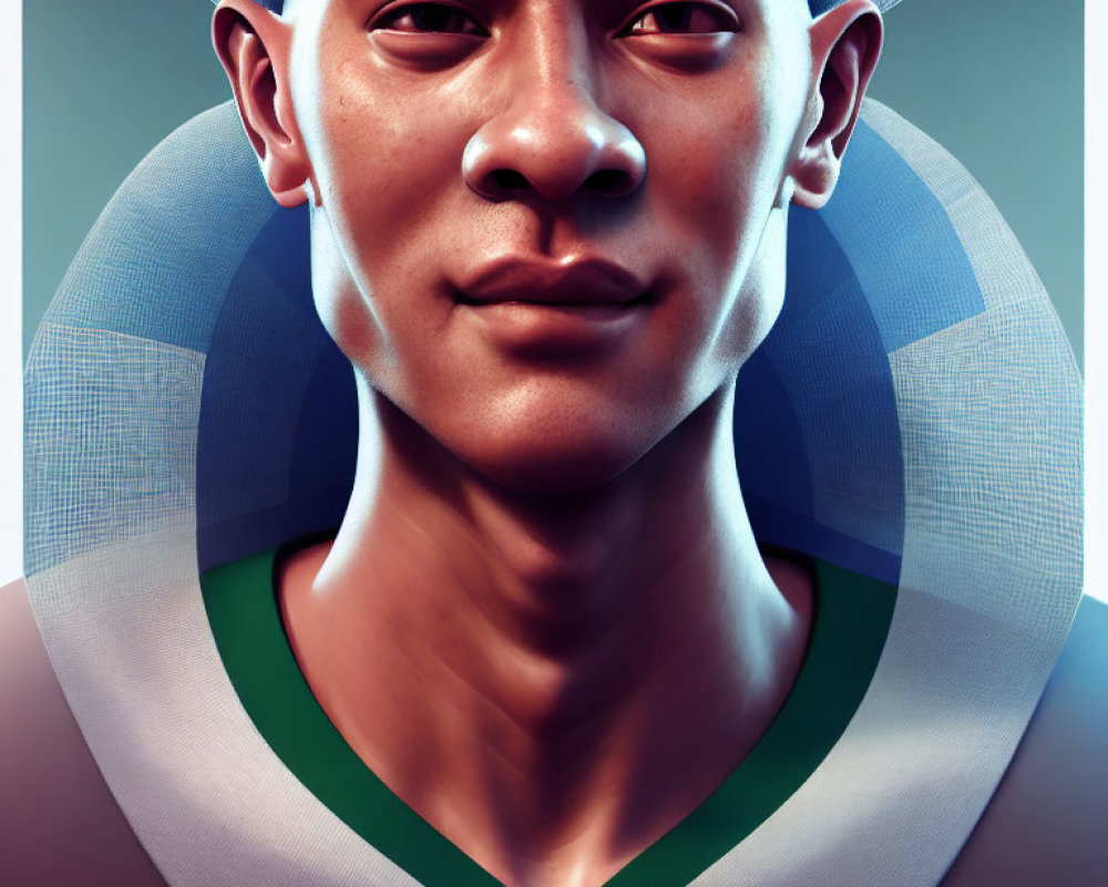 Male figure with slight smile against circular geometric background in sports jersey.