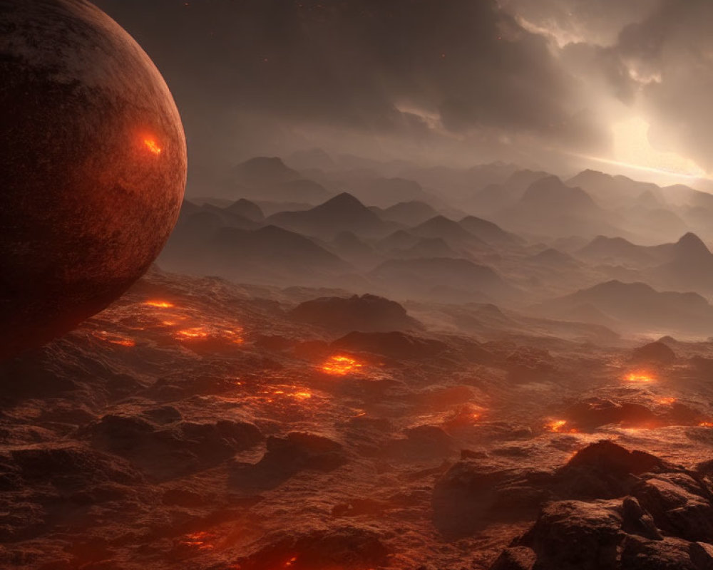 Alien volcanic landscape with molten lava flows and hazy sky.