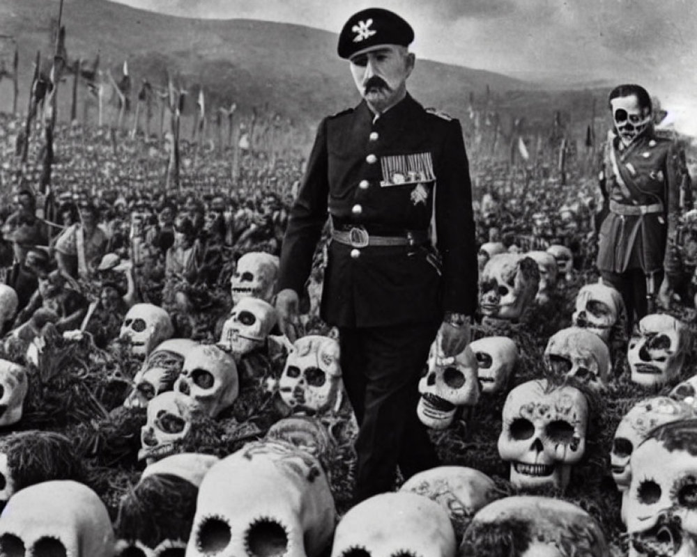 Monochrome photo manipulation of man in military attire in surreal skull field