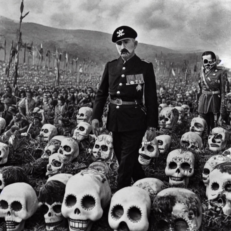 Monochrome photo manipulation of man in military attire in surreal skull field