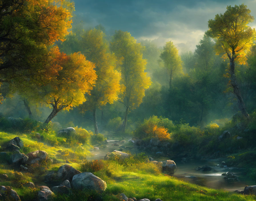 Serene forest stream with autumn trees and sunlight piercing mist
