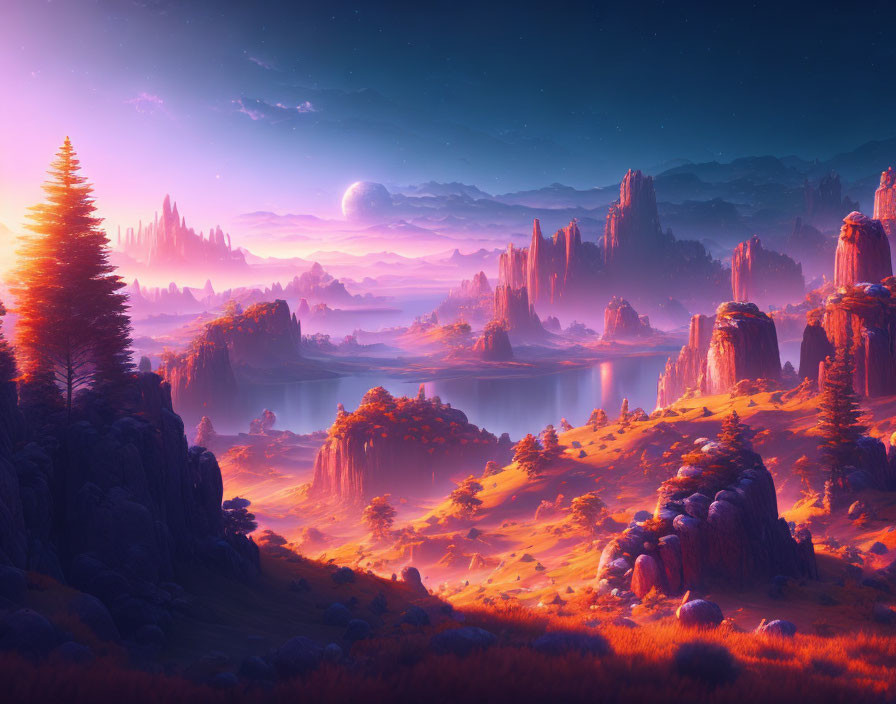 Twilight alien landscape with rock formations, lakes, luminous tree, and starry sky