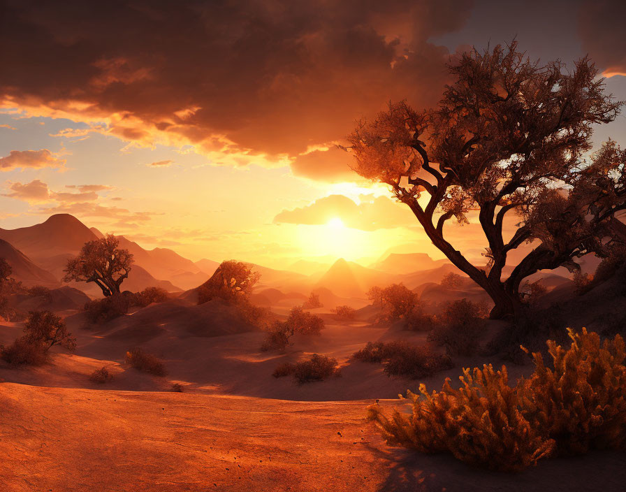 Desert Sunset with Rolling Dunes, Silhouette Tree, Bushes, and Mountains