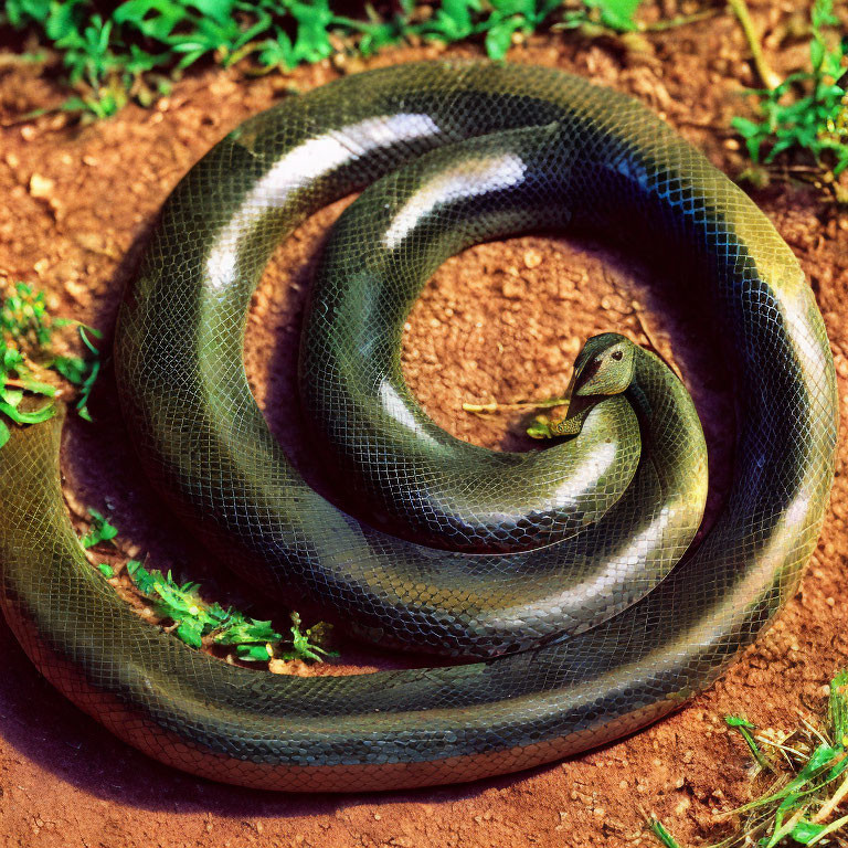 Green Coiled Snake with Raised Head and Flicking Tongue