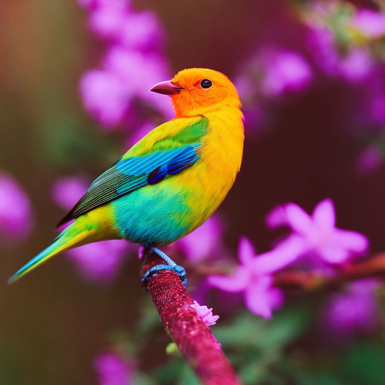 Colorful Bird with Yellow Head and Blue-Green Wings on Branch with Purple Flowers