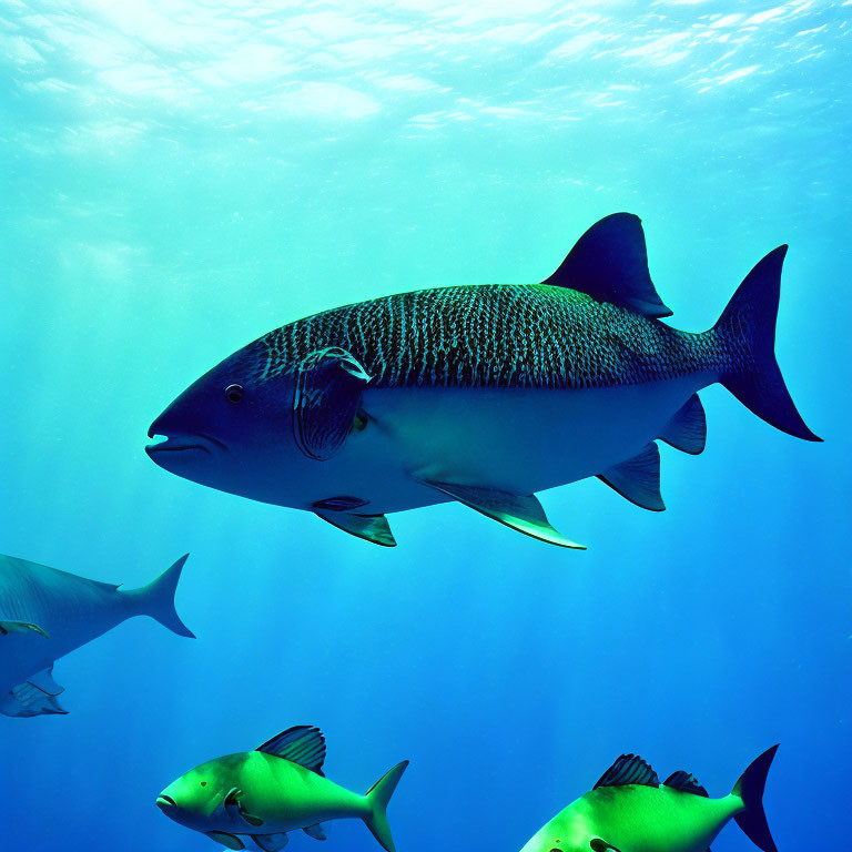 Vertical Striped Large Fish Swimming with Small Yellow-Green Fish