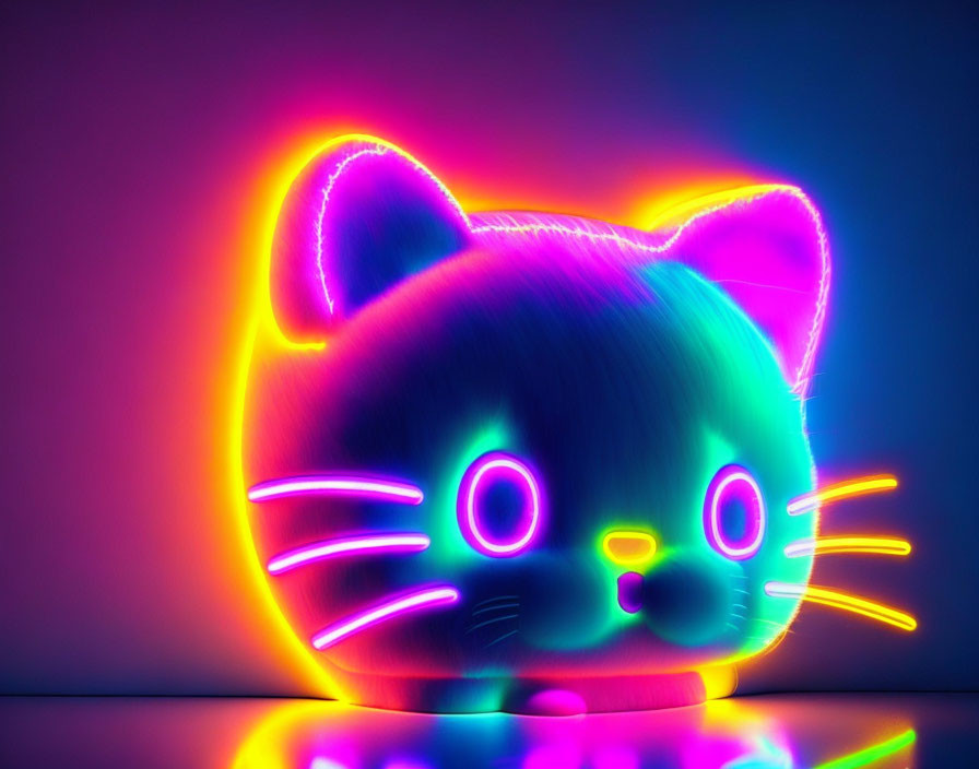 Colorful neon-lit cat head on reflective surface against purple background