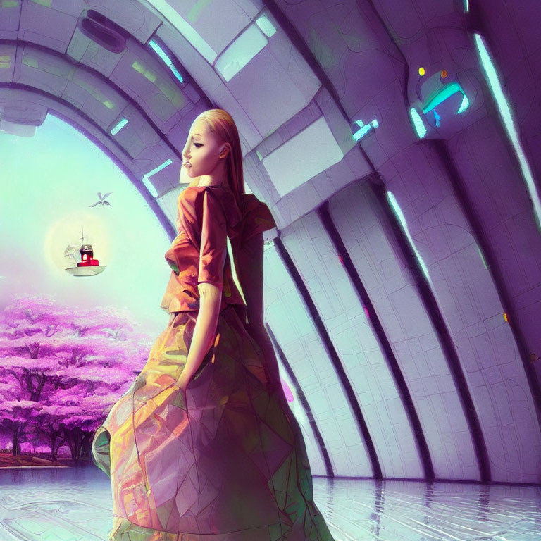 Colorful-dressed woman in futuristic corridor with pink trees and flying vehicle under moonlit sky