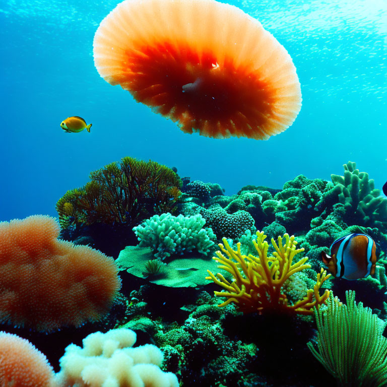 Colorful Underwater Scene: Orange Jellyfish, Vibrant Coral Reef & Marine Life
