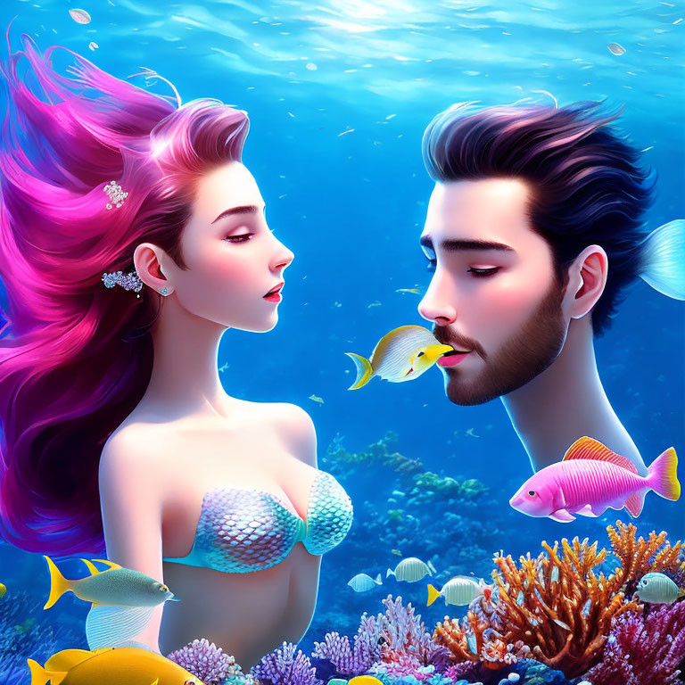 Mermaid and Merman Underwater Scene with Colorful Fish and Coral