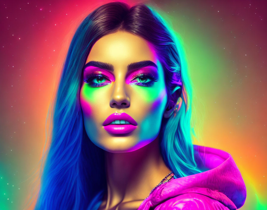 Colorful portrait of woman with neon makeup and blue hair on rainbow background