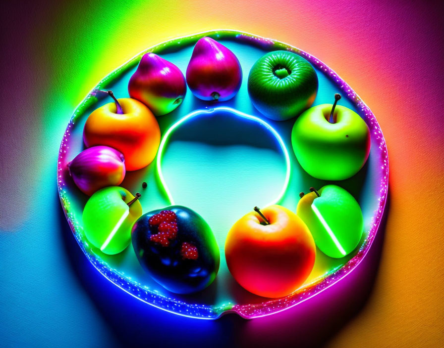 Colorful Neon-Lit Container with Vibrant Apples on Rainbow Background