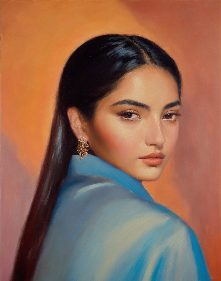 Portrait of woman with sleek hair, earrings, blue garment, orange backdrop