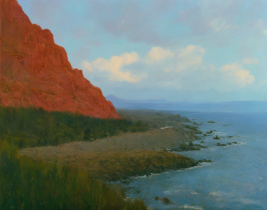 Towering red cliff overlooking rocky shoreline and calm blue sea