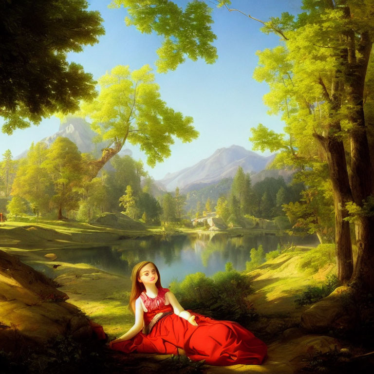 Girl in Red Dress Relaxing by Tranquil Lake and Mountains