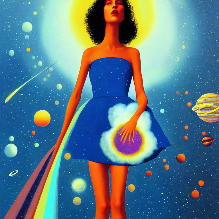 Cosmic-themed woman illustration with space backdrop