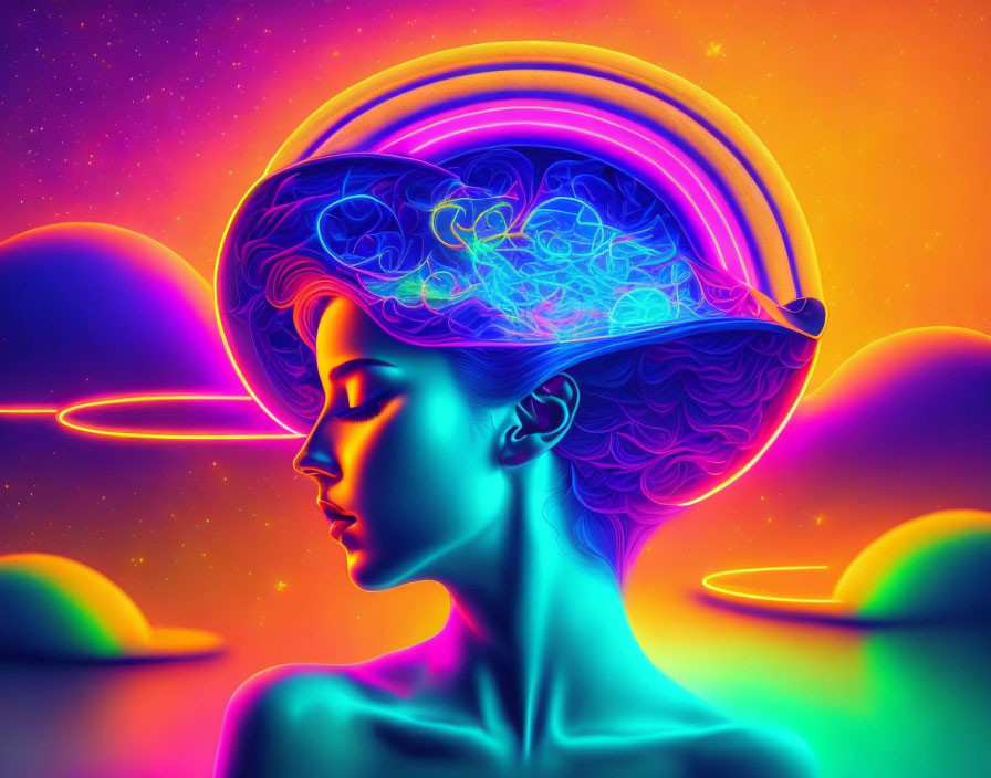 Colorful Profile Illustration: Woman with Cosmic Brain in Neon Tones