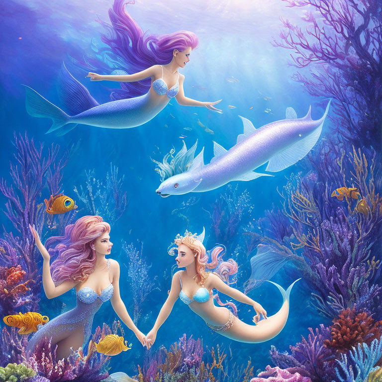Three mermaids swimming among vibrant coral reefs and colorful fish in serene underwater scene