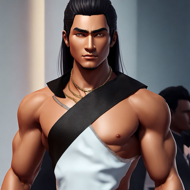 Muscular animated character in white top with black sash and gold necklaces
